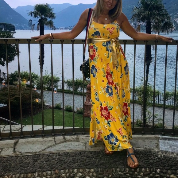 D&G Yellow Print Gold Belted Chain Trim Maxi Dress Size 44 - Picture 13 of 16